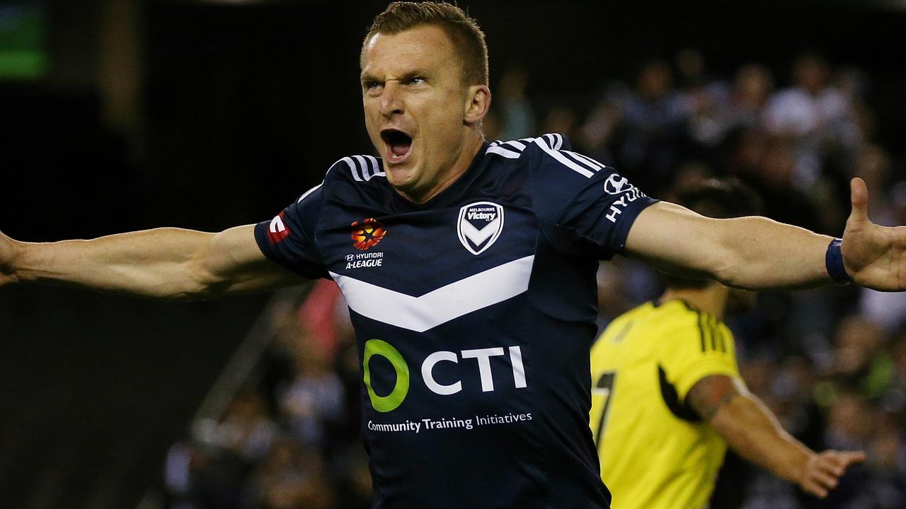 Melbourne Victory V Wellington Phoenix at Etihad Stadium, 2nd November 2015, Etihad Stadium, Melbourne Australia. Melbourne Victory's Besart Berisha celebrates his goal in rhe first half. Picture : George Salpigtidis