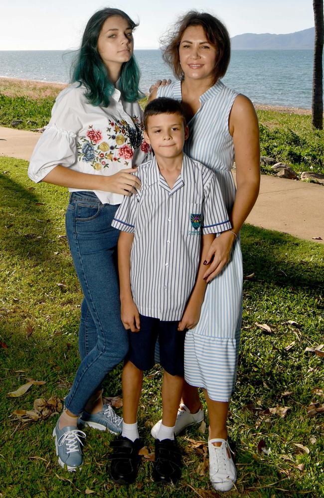 Iryna Tsivra with son Oleksandr Isivra, 9, and daughter Mariia (correct) Tsivra on the Strand. Picture: Evan Morgan