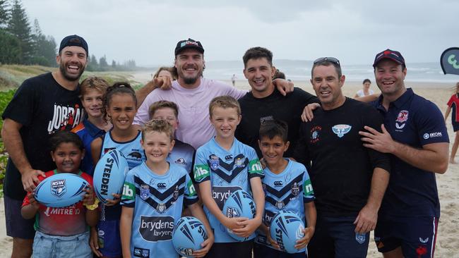 James Tedesco, Angus Crichton, Victor Radley, Brad Fittler and Boyd Cordner with junior footballers at Lennox Head. Picture: NSW Rugby League