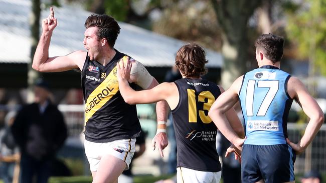 Glenelg’s Liam McBean celebrates a goal against Sturt at Unley Oval. Picture: Sarah Reed.