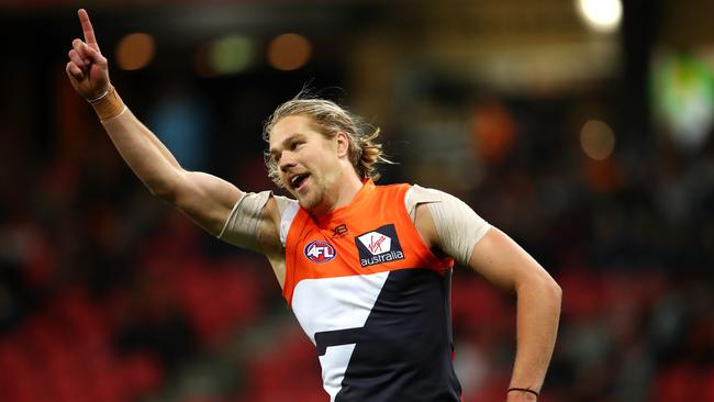 Harry Himmelberg celebrates a goal against St Kilda.