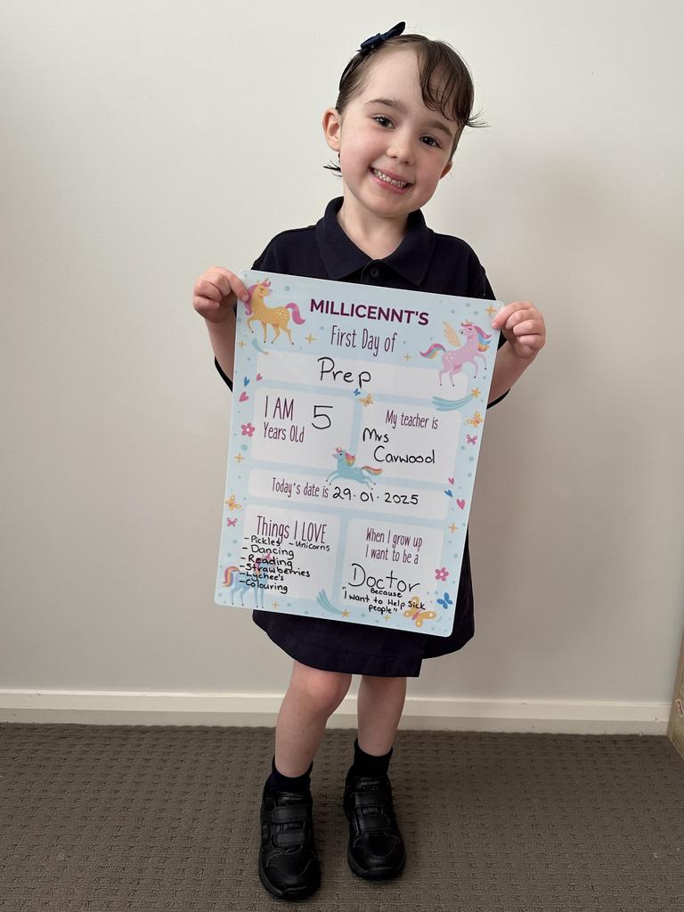 Millie beamed for joy as she prepared to embark on her first day of school, a day her parents and doctors were uncertain she would see. Photo: Courtney Barrett