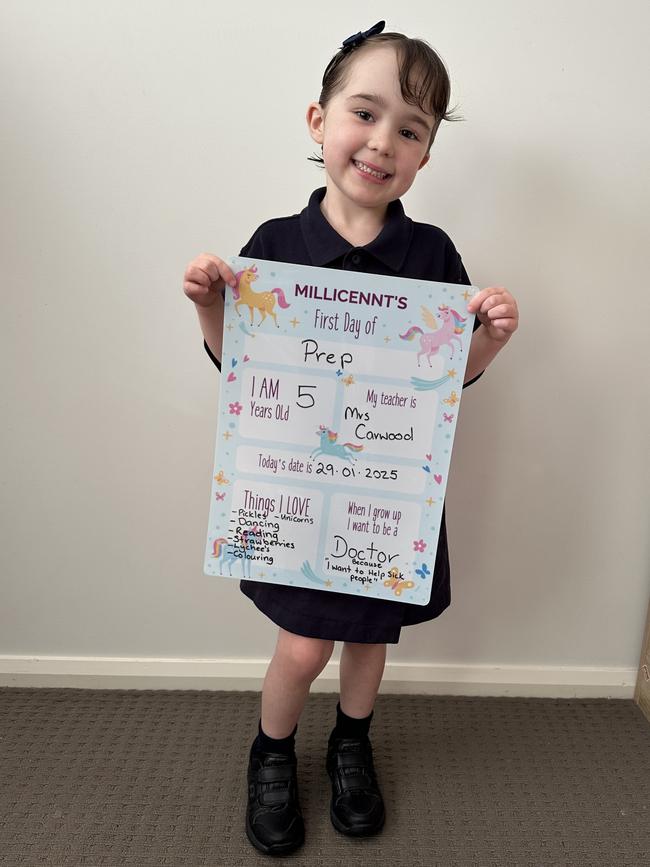 Millie beamed for joy as she prepared to embark on her first day of school, a day her parents and doctors were uncertain she would see. Photo: Courtney Clark