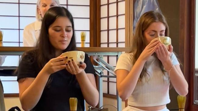 Ava and Mikayla at a matcha tea ceremony in Kyoto. Picture: Mercedes Maguire.