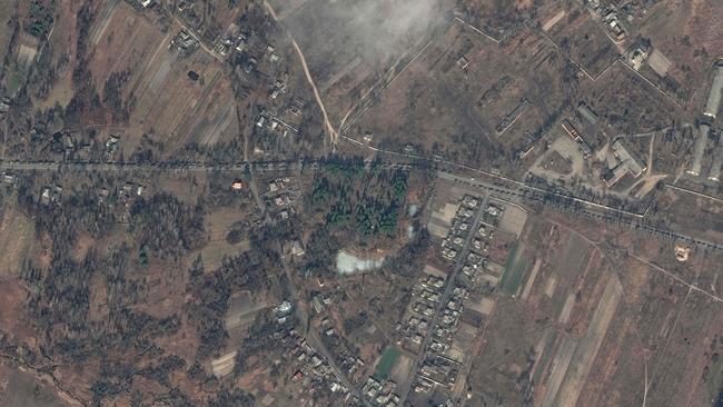 This satellite image taken and released on February 27, 2022 shows a column of Russian military vehicles as they move towards Kyiv. Picture: Maxar Technologies