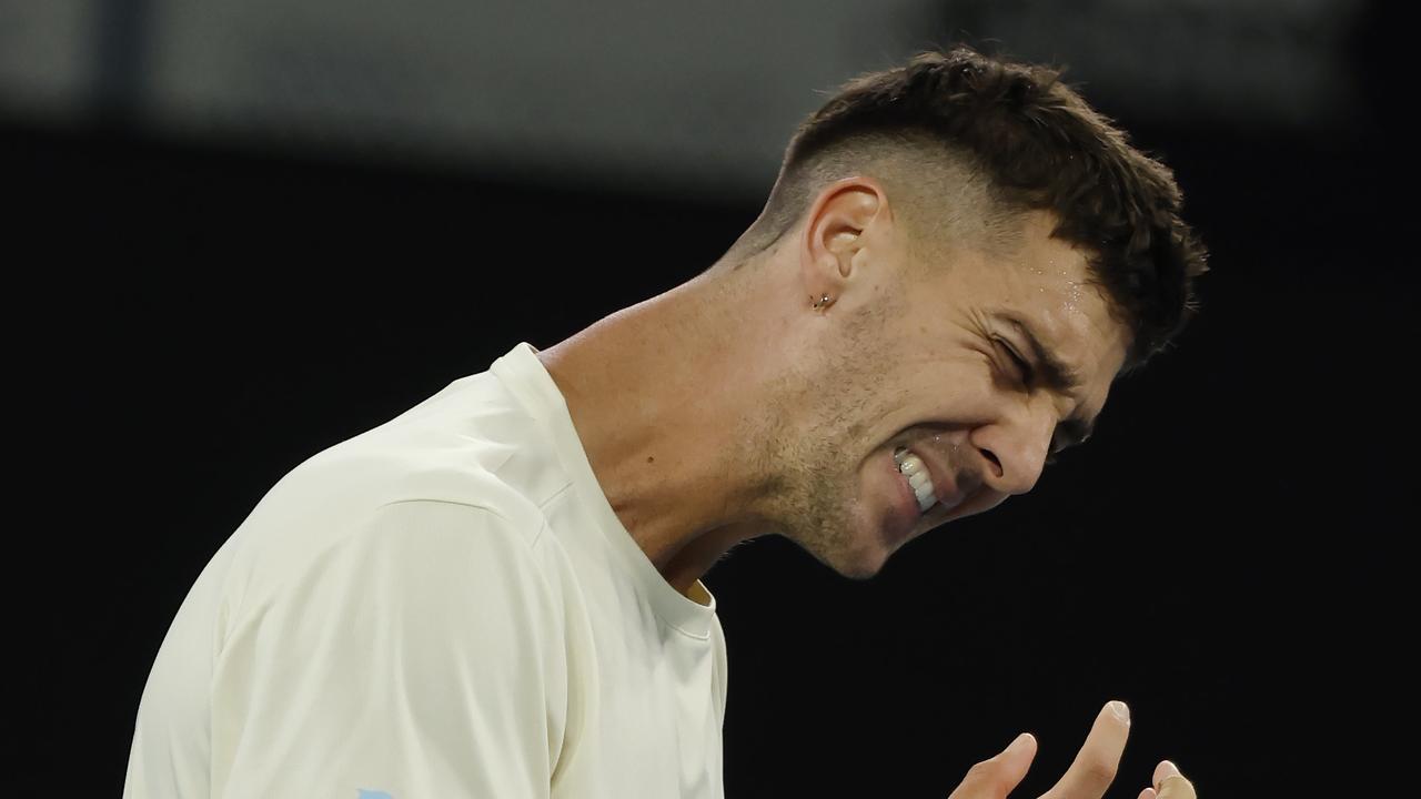 Australian Thanasi Kokkinakis shows his frustration 4th set during his second round match . Picture: Michael Klein