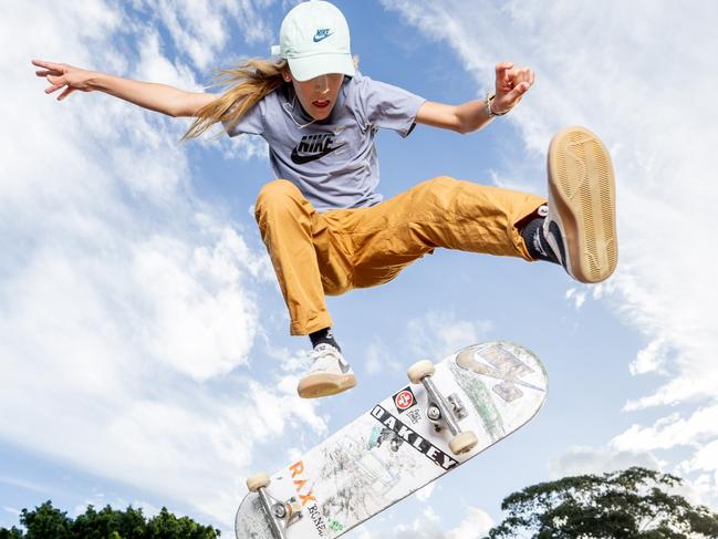 WARNING. WEEKEND TELEGRAPHS SPECIAL.  MUST TALK WITH PIC ED JEFF DARMANIN BEFORE PUBLISHING.      13 year-old world champion skateboarder Chloe Covell at her local skate park in Coolangatta. Picture by Luke Marsden.