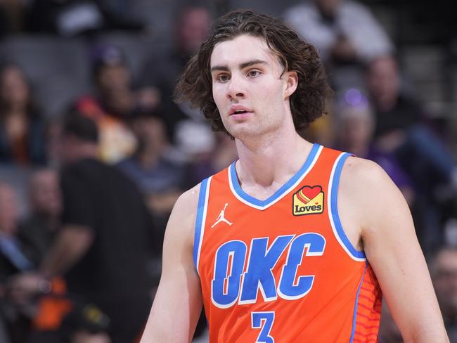 SACRAMENTO, CA - DECEMBER 14: Josh Giddey #3 of the Oklahoma City Thunder looks on during the game against the Sacramento Kings on December 14, 2023 at Golden 1 Center in Sacramento, California. NOTE TO USER: User expressly acknowledges and agrees that, by downloading and or using this photograph, User is consenting to the terms and conditions of the Getty Images Agreement. Mandatory Copyright Notice: Copyright 2023 NBAE (Photo by Rocky Widner/NBAE via Getty Images)