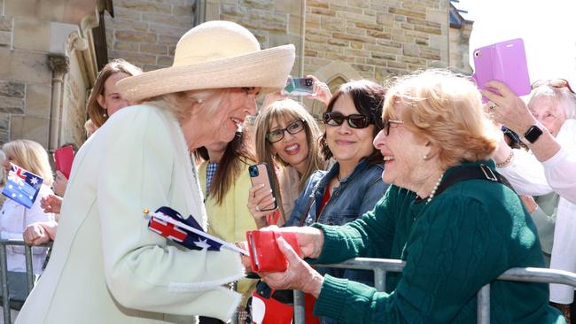 Queen Camilla chats with royal fans after the service at St Thomas's Anglican Church on October 20, 2024 in Sydney, Australia. Picture: Getty Images