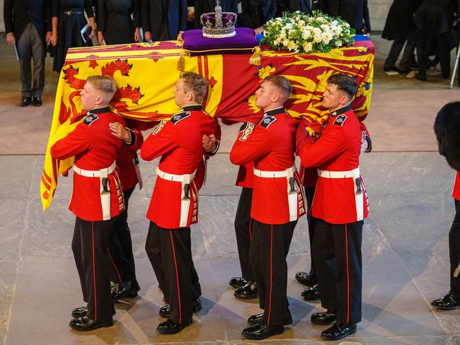 The coffin of Queen Elizabeth II is carried into The Palace of Westminster by guardsmen from The Queen's Company. Picture: Getty Images.