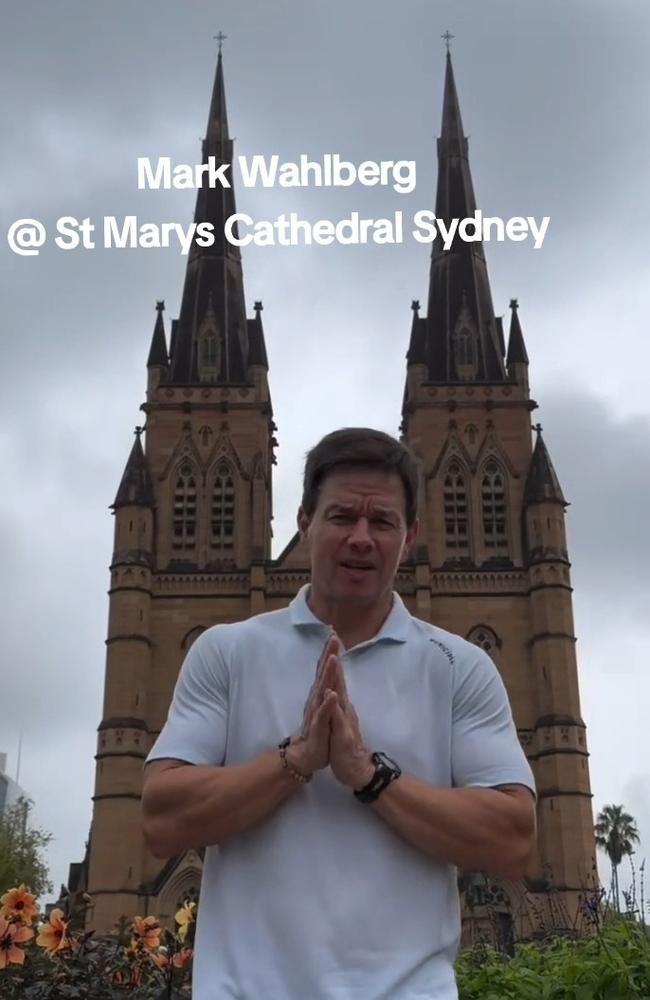 Devout Catholic Mark Wahlberg outside St Mary's Cathedral in Sydney last Sunday. Photo: TikTok