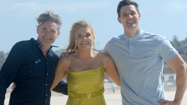 Dave Hughes, Erin Molan and Ed Kavalee filming TVC for new 2DayFM breakfast show at Bondi Beach. Picture: NCA NewsWire / Jeremy Piper