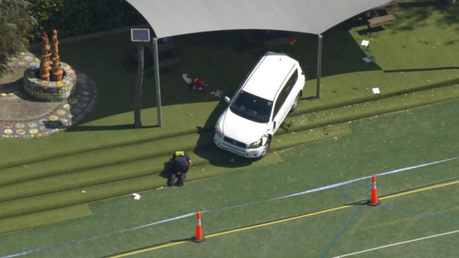 Seven News screen grabs at Auburn South Primary School in Hawthorn East where a car has driven into the school. Picture: 7NEWS