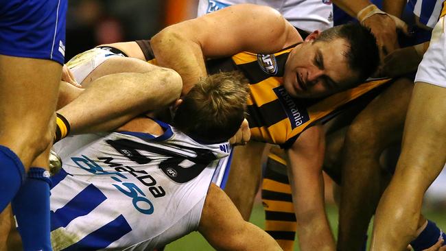 Teammates try to separate Brian Lake and Drew Petrie. Picture: Wayne Ludbey