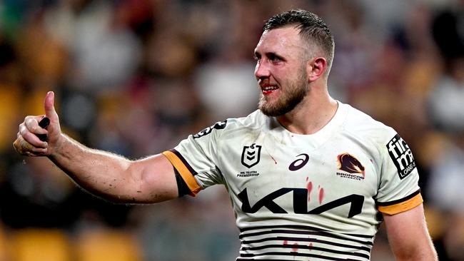 Bronco Kurt Capewell thanks the crowd during Brisbane’s win over Manly Sea Eagles at Suncorp Stadium on May 5. Picture: Getty Images