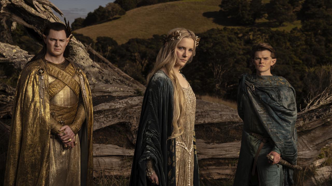 Ben Walker as Gil-Gilad, Morfydd Clark as Galadriel and Robert Aramayo as Elrond in The Lord of the Rings: The Rings of Power.