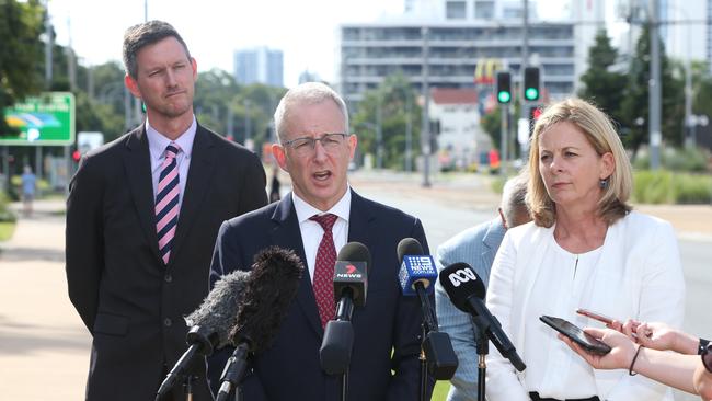 State Transport Minister Mark Bailey, Federal Minister Paul Fletcher, Mayor Tom Tate, and Federal MP Angie Bell announced the new tram funds last week. Picture Glenn Hampson