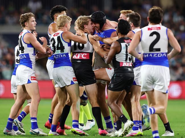 It was fiery at Adelaide Oval last weekend. Picture: Sarah Reed/AFL Photos