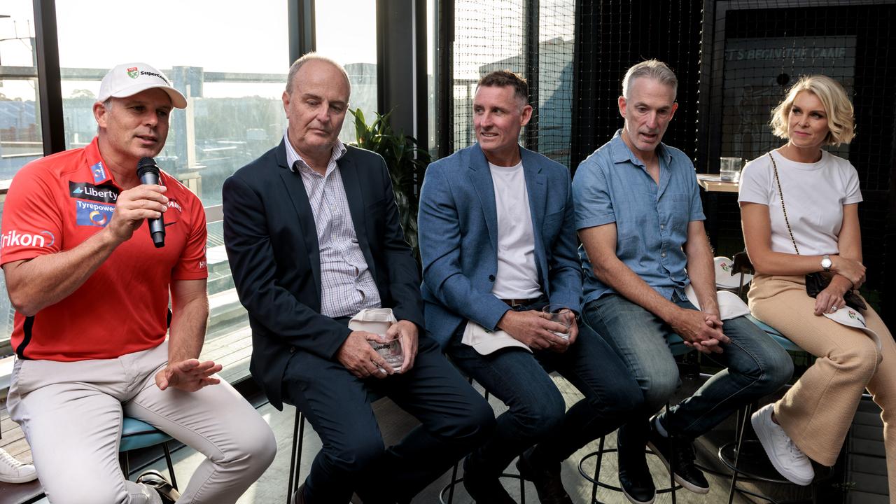 Brad Hodge joins Robert Craddock, Mike Hussey, Damien Fleming and Sarah Jones at the SuperCoach BBL 2022 launch at Tricky Wicket in Malvern. Picture: David Geraghty