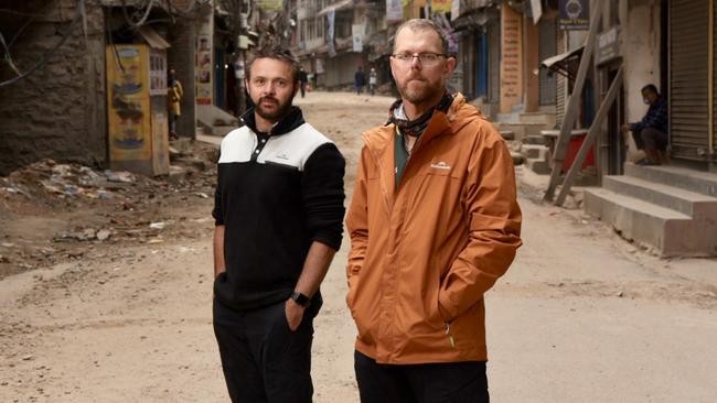 South Australian travellers Anthony Keane and Paul Ashenden on the empty streets of the main tourist area in Thamel, Kathmandu. Picture: Brad Fleet