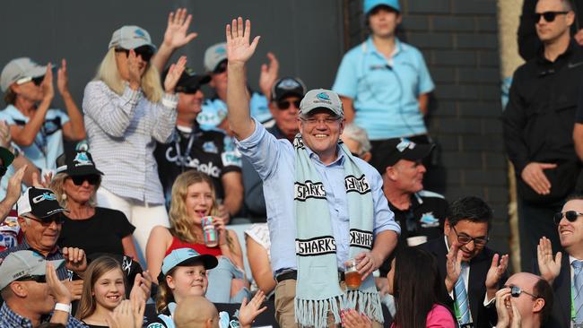 A relaxed and happy looking Prime Minister at the Cronulla v Manly NRL match at PointsBet Stadium, Cronulla. Picture: Brett Costello