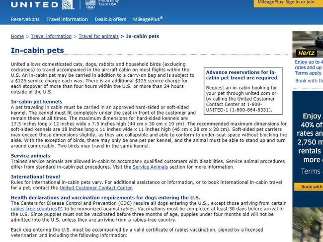 United's rules on travelling with pets. Picture: Screenshot