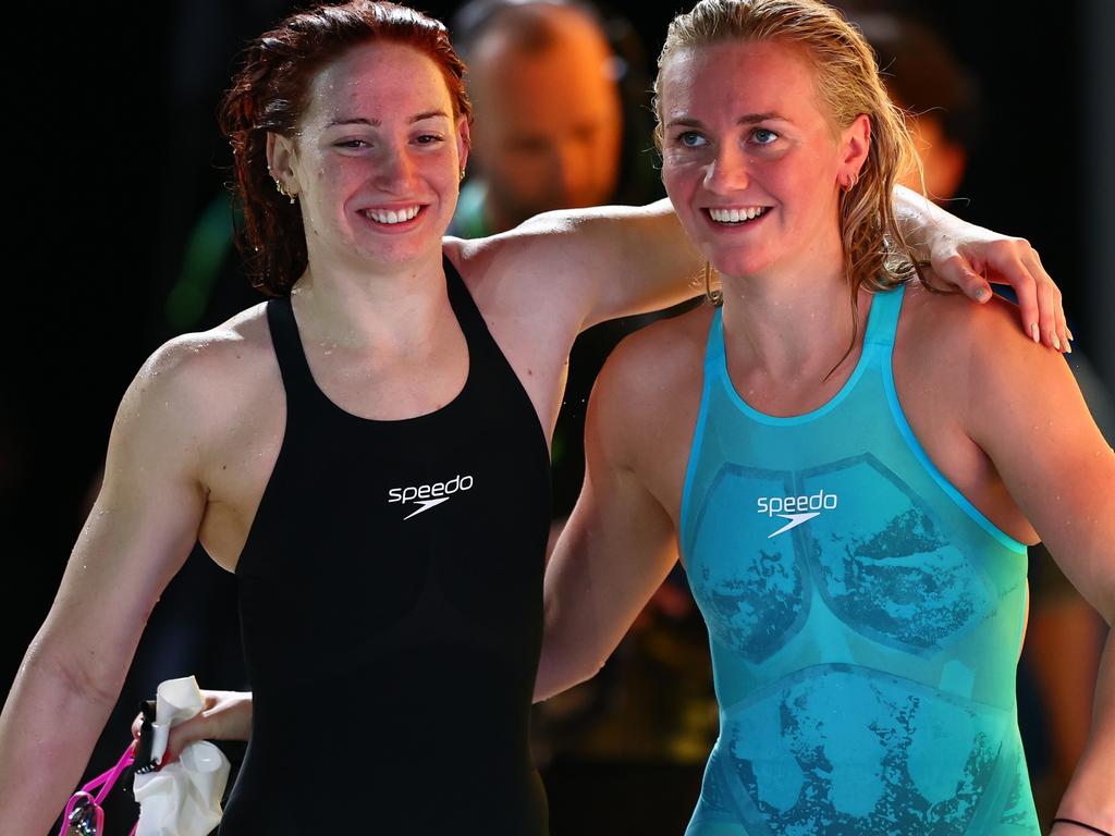 Ariarne Titmus and her teammate Mollie O'Callaghan both went under the old 200m freestyle world record at the Australian Olympic trials. Picture: Chris Hyde/Getty Images