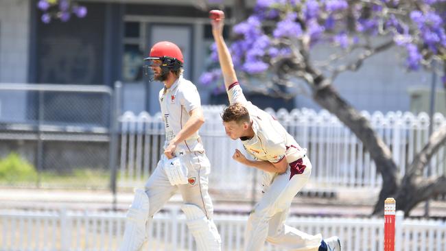 Toombul bowler Ronan McDonald First grade mens cricket between the Sunshine Coast and Toombul. Saturday October 21, 2023. Picture, John Gass