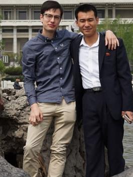 Alek Sigley with a North Korean friend in Pyongyang. Picture: Twitter