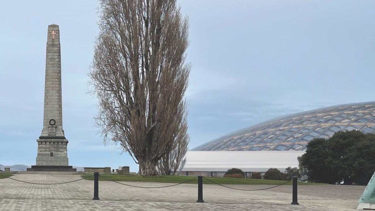 Renders showing the impact of the proposed Macquarie Point stadium from the Hobart Cenotaph released by the Macquarie Point Development Corporation.