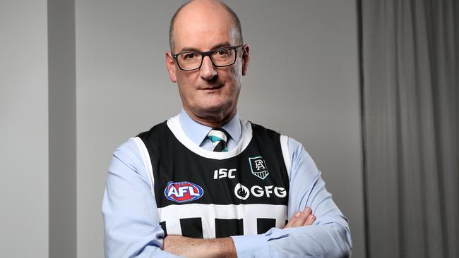 David Koch, Port Adelaide chairman, wearing the clubs black and white striped guernsey. The fight between Port Adelaide and Collingwood football clubs has heated up today with the fight over the wearing of the black and white guernsey referred to the AFL's legal department. Picture: Jonathan Ng