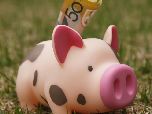 Piggy bank outdoor on grass. Concept for - there is still money in farming - savings - investment. Australian fifty dollar note generic