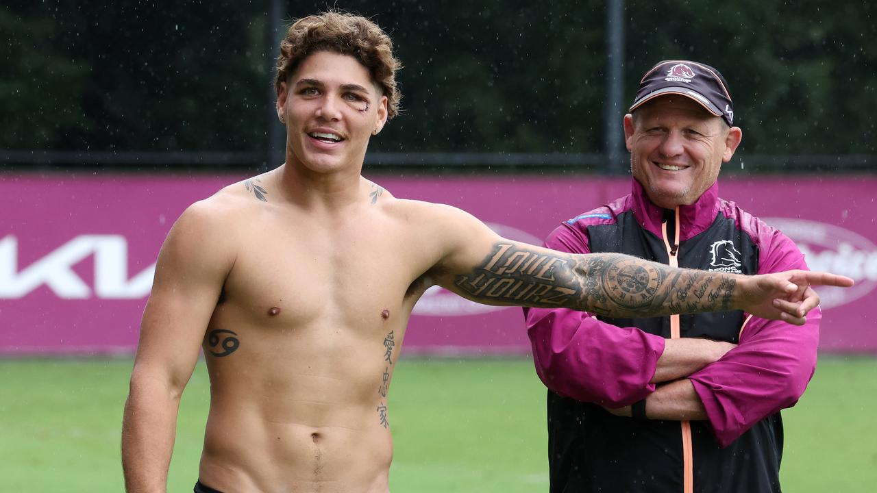 Coach Kevin Walters and Reece Walsh, Brisbane Broncos training, Red Hill. Picture: Liam Kidston