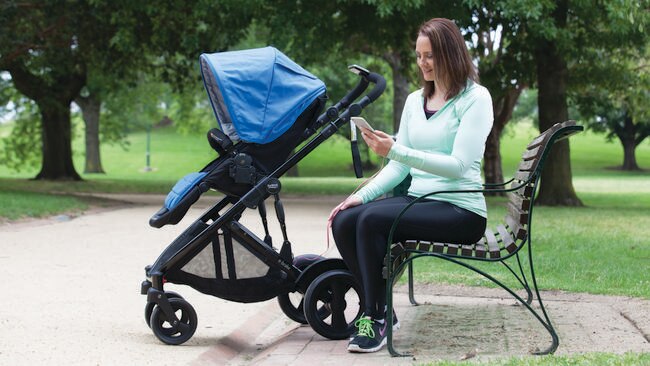 Walk in the park ... Britax’s E-Brake stroller lets parents charge smartphones on the go.