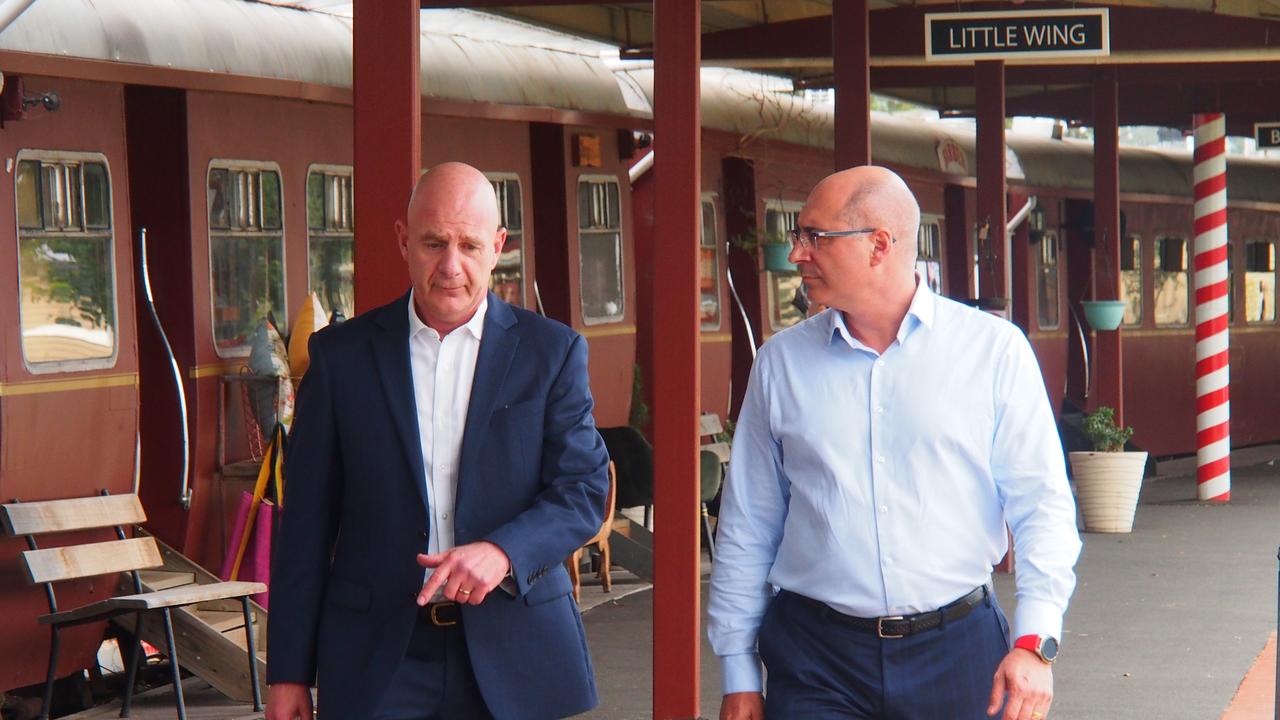 Tasmanian Premier Peter Gutwein with Liberal candidate for the Legislative Council division of Huon, Aldo Antolli, at the Margate Train on Sunday, February 27, 2022.