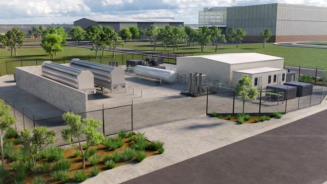 An artist’s impression of Hydrogen Park South Australia, including a 1.25MW electrolyser, blending equipment and tube and trailer facilities.