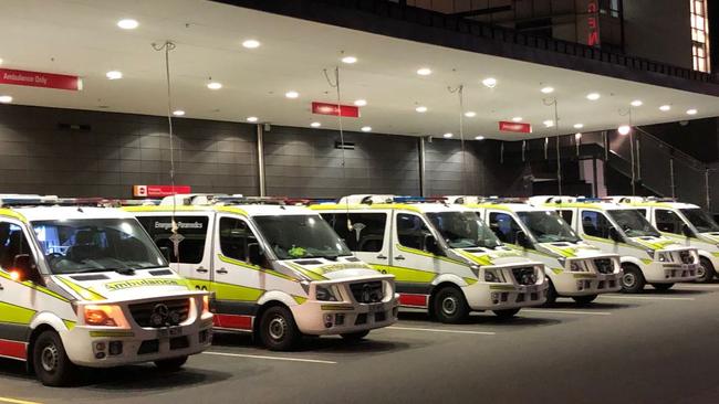 Ambulances lined up at the Gold Coast University Hospital.