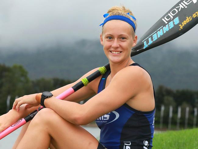 MANLY DAYILY/AAP. Kayaker Kailey Harlen poses for photographs at the International Regatta Centre in Penrith on Thursday 13 February, 2020. Australian Kayakers Lachie Tame....Olympian, Riley Fitzsimmons, Kailey Harlen and Ella Beere. (AAP IMAGE / Angelo Velardo)