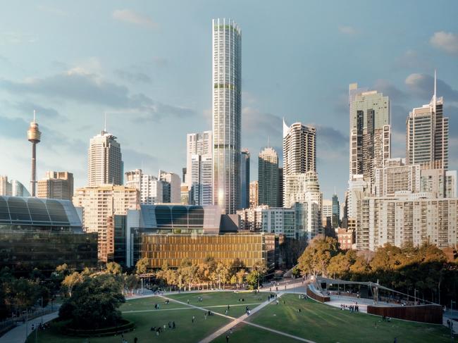 An artist's impression of the proposed tower at 505 George St, seen from Tumbalong Park. Picture: Ingenhoven Architectus