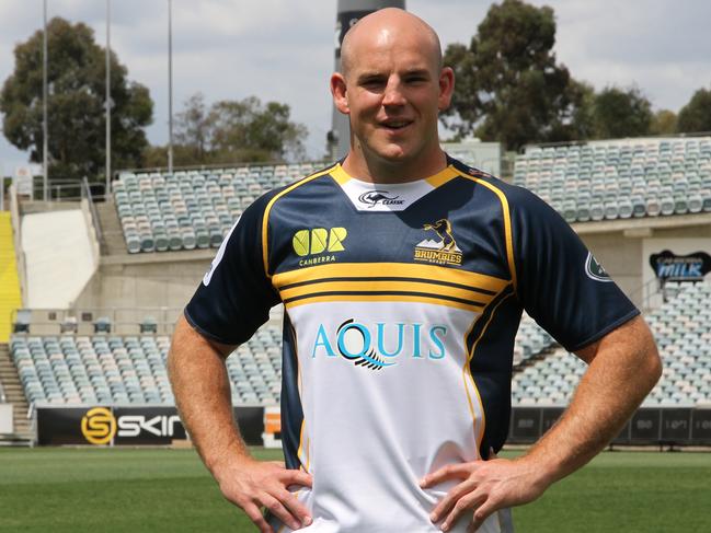 Brumbies and Wallabies captain Steven Moore wearing the new Aquis Brumbies jersey at GIO Stadium.