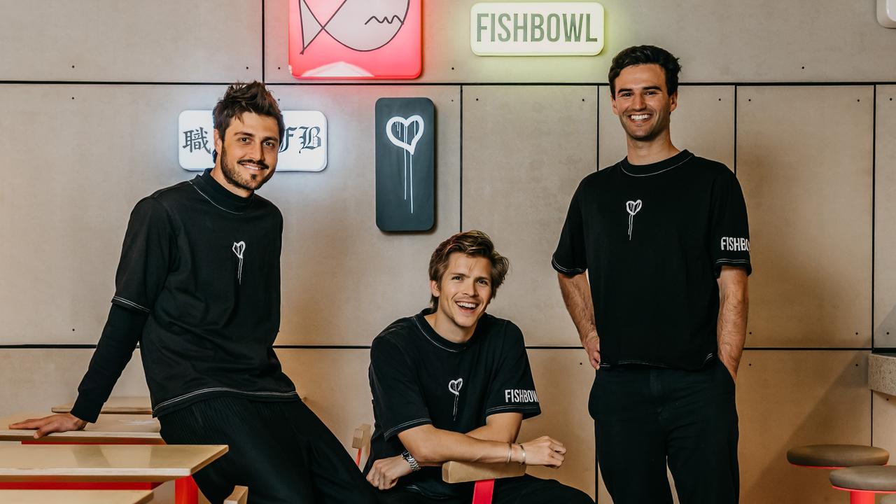 Fishbowl founders Nathan Dalah, Nic Pestalozzi, and Casper Ettelson at the Parramatta eatery. Picture: Nikki To