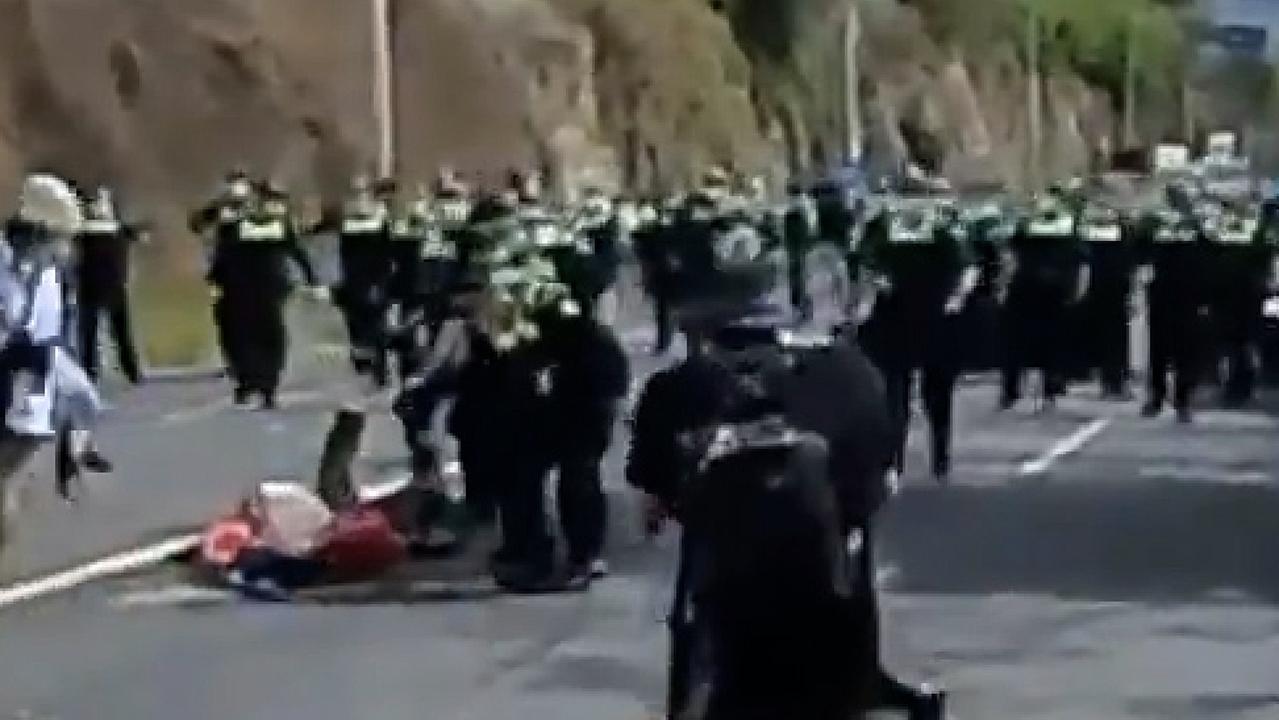 The woman was seen falling backwards onto the road after appearing to be pushed by police officers. Picture: Supplied