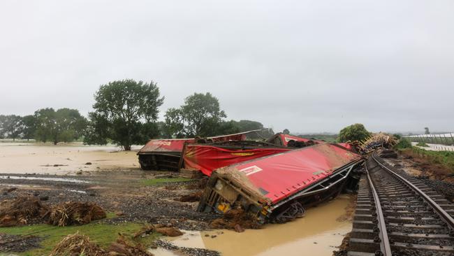 A train derailed near Teu Puke after heavy rain undermined a track. Picture: Tyson Smith