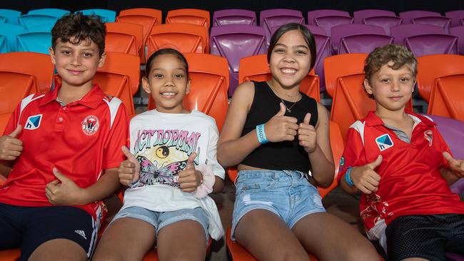 Brodie, Giselle, Miranda, Alessio (Ayres Family) at the Gold Coast Suns AFL match vs Adelaide Crows at TIO Stadium. Pic: Pema Tamang Pakhrin