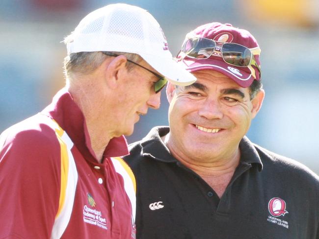 BSM 21.1.2012 Emerging Origin camp, training session at QEII stadium. Mal Meninga and Wayne Bennett. Pic Jono Searle