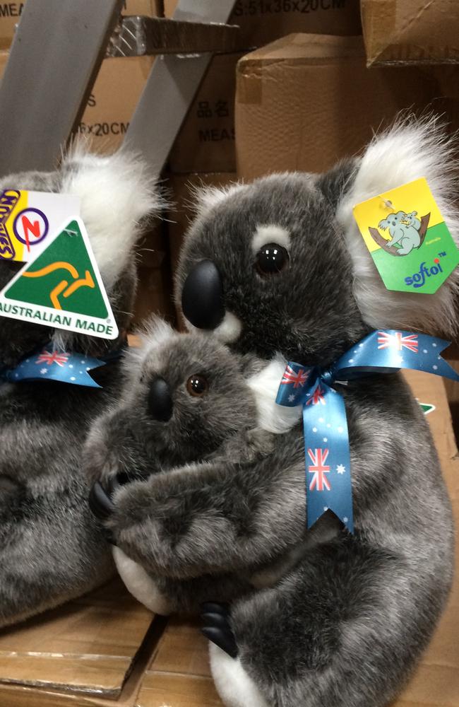 Identical, both koalas made in China, but the one on the left has had its Chinese ‘Softoi’ tag removed and replaced with the iconic Australian Made triangular tag. Picture: GJ