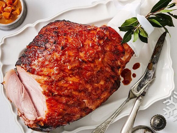 Barbecued ham with nectarine glaze.