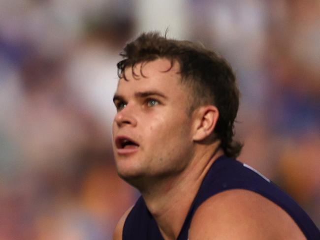 PERTH, AUSTRALIA - APRIL 02: Jake Waterman of the Eagles contests a ruck with Sean Darcy of the Dockers during the 2023 AFL Round 03 match between the Fremantle Dockers and the West Coast Eagles at Optus Stadium on April 2, 2023 in Perth, Australia. (Photo by Will Russell/AFL Photos via Getty Images)