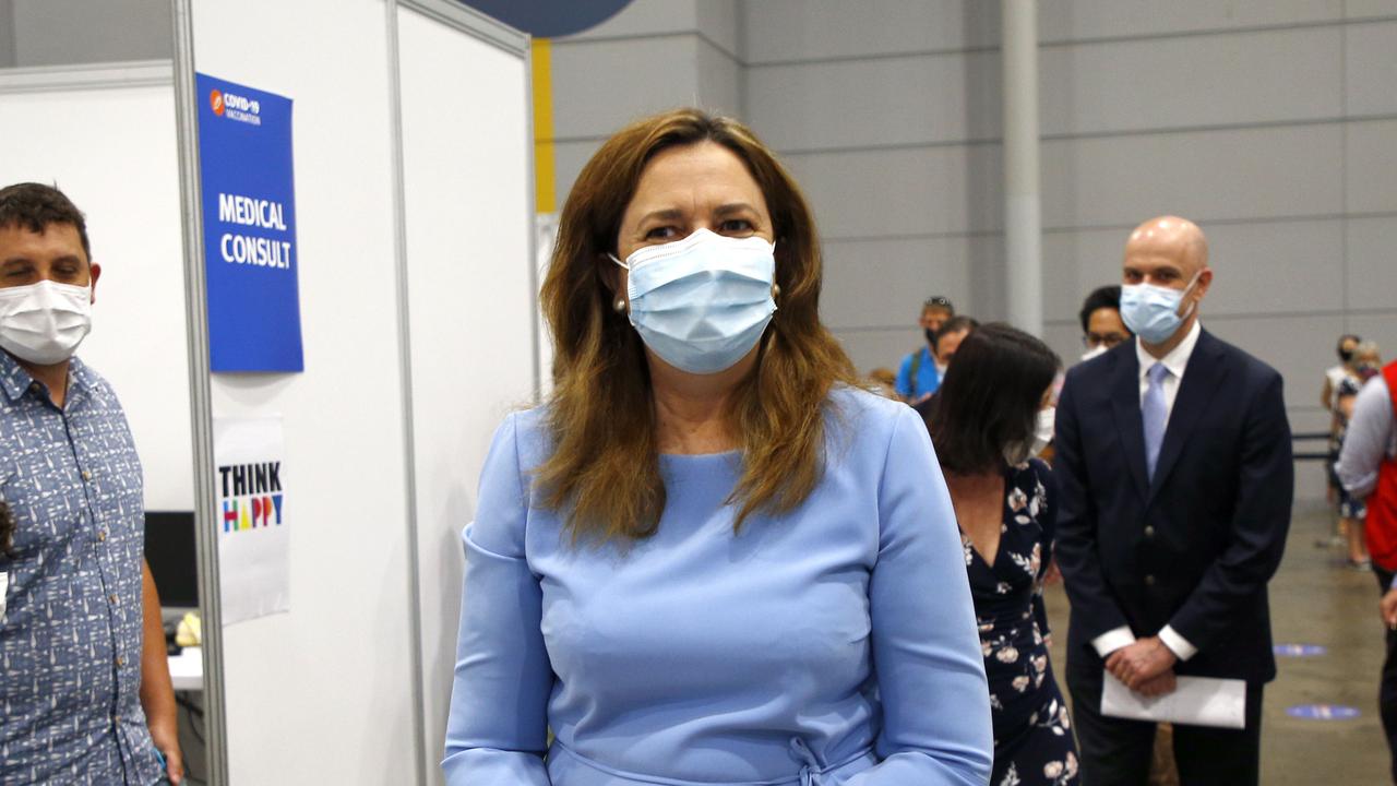 Queensland Premier Annastacia Palaszczuk during a visit to the Brisbane Convention and Exhibition Centre vaccination hub. Picture: NCA NewsWire/Tertius Pickard