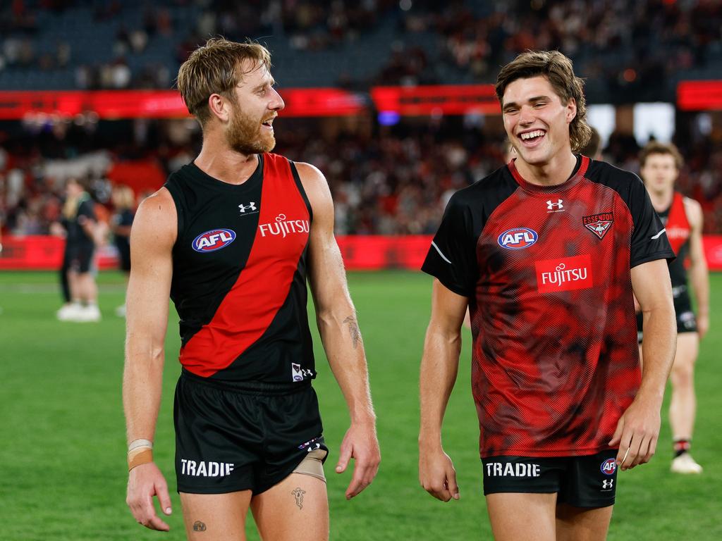 Dyson Heppell and Sam Durham. Picture: Dylan Burns/AFL Photos via Getty Images.